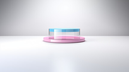 Light blue, transparent, and pink round glass, podium, front view, color image, banner, no people, artificial intelligence