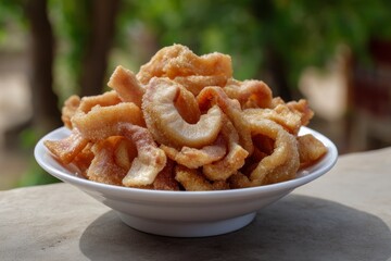 White bowl filled with crispy goldenbrown pork rinds sitting outside on a concrete surface