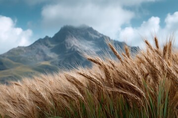 Wheat field foregrounds a mountain under a cloudy sky