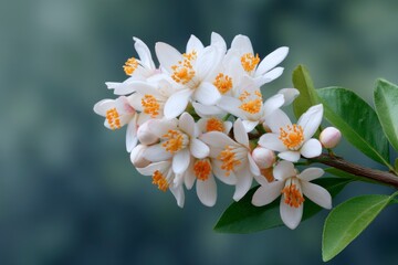 White flowers with orange centers bloom on a brown stem against a blurred background