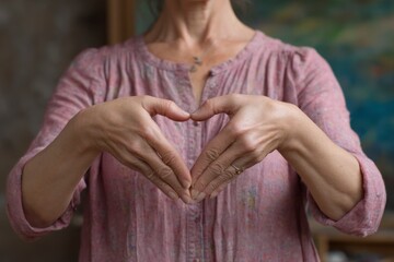 Woman forms heart with hands wearing pink patterned top