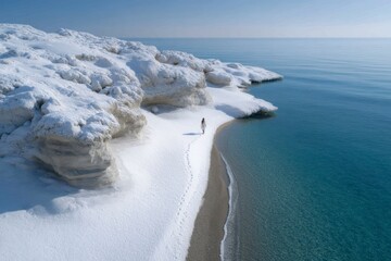 Woman on a snowy beach near a rocky cliff beside blue water