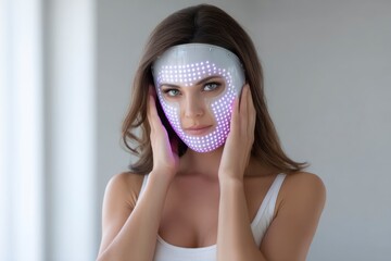Woman wearing a LED mask for beauty treatment touching her face