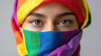 Confident young muslim woman proudly shows her identity wearing rainbow headscarf powerful symbol of lgbt pride. Her direct gaze conveys strength diversity and inclusion