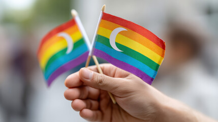 Hand shows support holding small flags symbol of lgbt and muslim identity. powerful gesture of unity and acceptance expresses pride during an outdoor community gathering