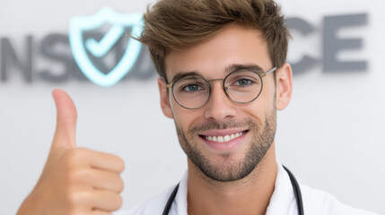 Health insurance protection ensures treatment and guarantee for peace of mind, as shown by smiling young male doctor giving thumbs up in modern office