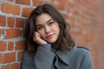 Young woman leans against a brick wall wearing a grey coat with a soft relaxed expression