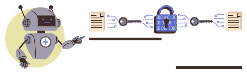 Robot gesturing towards locked and unlocked documents with encryption keys showing data security and privacy. Ideal for technology, cybersecurity, data protection, AI, encryption, computer science