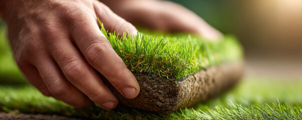 Landscaping crew member meticulously laying section of fresh green turf showcasing dedication and care in process of installing new lawn. This work brings deep sense of satisfaction