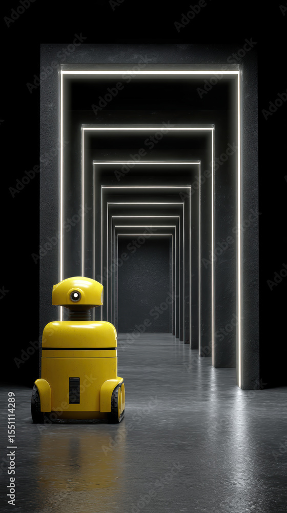 Poster focused yellow autonomous robot efficiently performs maintenance tasks as part of its routine stark 