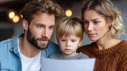 Concerned family man woman young boy review document discussing medical expenses emergency insurance claim at home feeling worried about financial planning