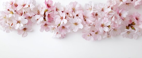 The delicate beauty of cherry blossoms in soft pink hues on a white background.