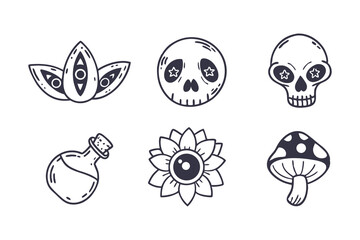 Goblincore Aesthetic Icon Set. Hand Drawn Clipart Featuring Skulls, Mushrooms, Potions, Flowers, and Magical Elements on White Background