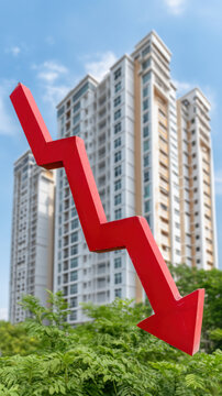 Urban housing market faces significant downturn. red arrow symbolizes declining property value and financial investment risk creating sense of economic uncertainty