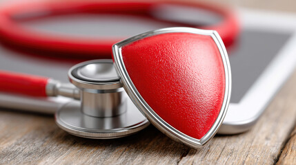 Health insurance protection medical access concept with red shield and stethoscope on wooden table showing secure healthcare and safe medical service