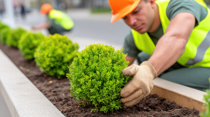 Focused landscaping crew member diligently working outdoors carefully laying vibrant green spherical bush in long planter box. Professional gardener improving urban public space