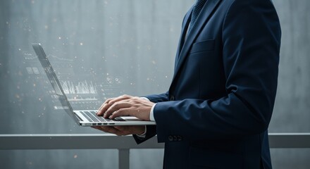 Business professional using laptop, data visualization overlay, modern workspace.