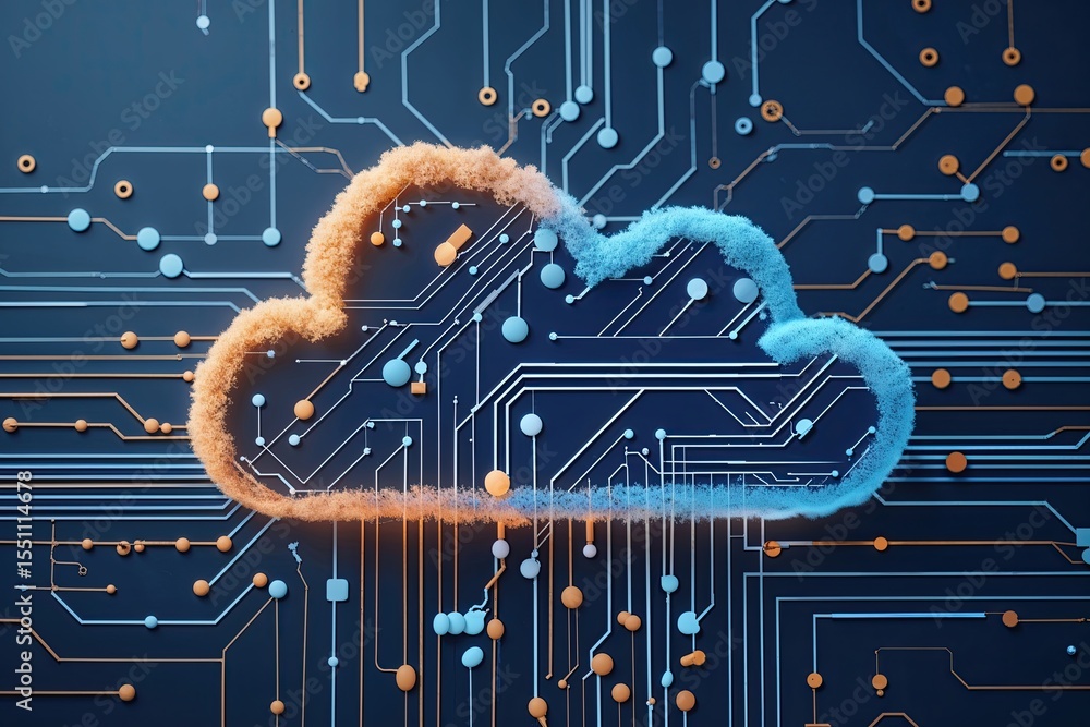 Poster vibrant cloud graphics featuring circuit lines representing data encryption and connectivity