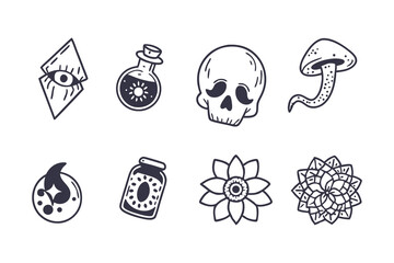 Goblincore Aesthetic Icon Set. Hand Drawn Clipart Featuring Skulls, Mushrooms, Potions, Flowers, and Magical Elements on White Background
