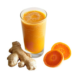 A glass of orange smoothie with ginger root and orange slices on a black background close up shot on transparent background