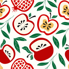 Shana Tova pattern hand drawn cute color stye for Rosh Hashanah holidays, Jewish New Year. Pomegranate, apple, leaves vector