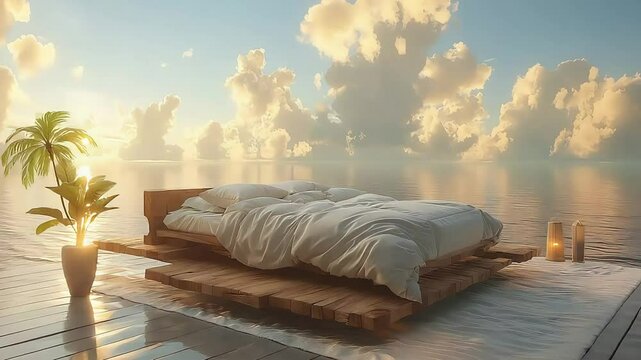bed on blue sky and clouds background footage