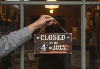 Closed for 4th of July Sign on a Shop Door a Concept for a Business Holiday and a Day Off
