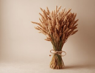 A tightly bound bouquet of dried wheat stalks, light beige in color, sits on a neutral backdrop.  The twine is simple and understated