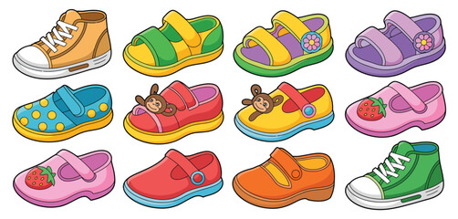 Colorful Cartoon Illustration of Kids Shoes Collection