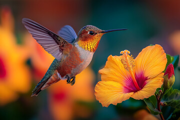 Fototapeta premium Hummingbird hovers near vibrant yellow hibiscus, showcasing nature's beauty in perfect harmony. Colorful avian acrobatics in full display.