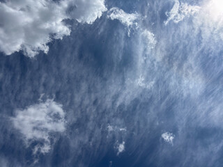 Cirrostratus and cirrus clouds creating a textured sky, combined with scattered cumulus clouds on a...