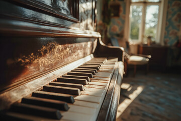 Antique piano with worn keys basks in sunlight, showcasing its ornate details and aged elegance in a vintage setting.