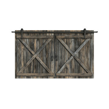 Antique, weathered wooden door and window on an old rustic barn wall