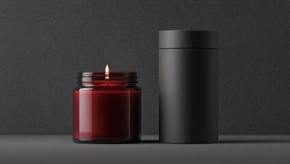 Lit red candle in amber jar beside black tube on dark grey surface against a dark grey wall