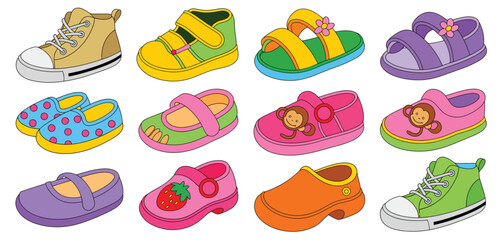 Colorful Cartoon Illustration of Kids Shoes Collection