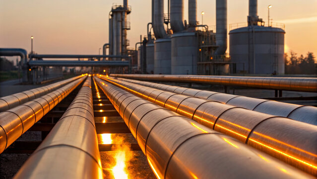 Oil trade international. Oil pipeline industrial energy fuel refinery metal infrastructure transportation sunset outdoor. Large metal ,global shipping, energy, crude oil market, energy economy