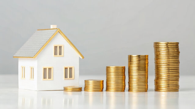 Cost of living inflation. Miniature house gold coin stack financial growth investment saving property cost increasing planning wealth ,rising prices,financial pressure,economic crisis - Powered by Adobe