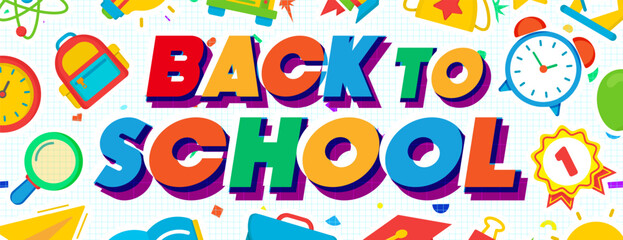 Fototapeta premium School banner trendy typography school supplies background cartoon style for poster, post social media. Vector 10 eps