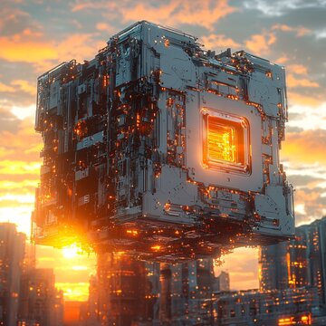Futuristic mega-structure hovering over a sci-fi city