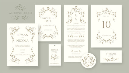 Elegant wedding set. Classical border and frame pattern. Place cards, wedding invitation, table number, save the date, thank you card, menu, sticker.