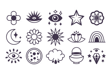 Goblincore Aesthetic Icon Set. Hand Drawn Mystical Clipart with Eyes, Moons, Stars, Skulls, Flowers, and Potions  Clipart Vector Illustration