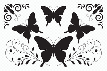 intricate floral corner details with bold black butterfly silhouettes for new modern digital design & art stock projects vector