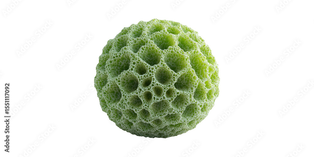 Poster green porous sphere with honeycomb structure. abstract design and material science concept isolated 
