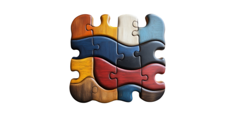 Colorful Wooden Puzzle Pieces Interlocked. Symbolizing Unity And Diversity In Problem Solving Isolated On Transparent Background