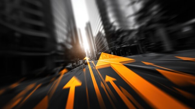 Dynamic Orange Arrows on City Street for Business Growth Visuals