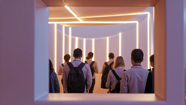 Attendees walking into an illuminated hallway with modern lighting seen through an architectural frame