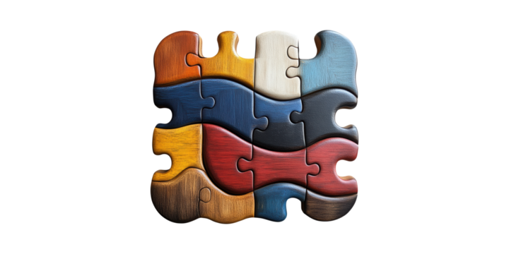 Colorful Wooden Puzzle Pieces Interlocked. Symbolizing Unity And Diversity In Problem Solving Isolated On Transparent Background