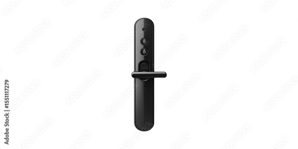 Poster smart black door handle with digital lock. modern security and access control technology isolated on