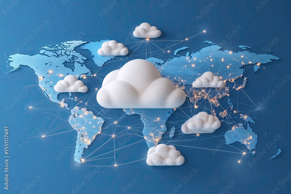 Poster abstract cloud computing technology with global network connectivity on blue background