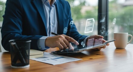 Digital workflow: Businessman analyzes data on tablet, augmented reality icons, office desk.